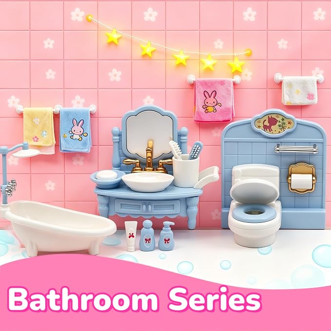 Dollhouse Furniture Set-38 Pcs, Miniature Doll House Accessories with Dogs and Cat ，Kitchen Bedroom Living Room Bathroom Furniture, Great Gift Idea