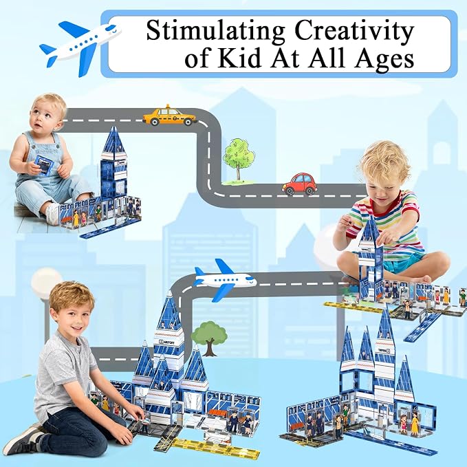 AFUNX Magnetic Tiles, 54PCS Airport Theme Building Blocks Set, Magnet Building Blocks and STEM Preschool Educational Toys for Kids Toddlers Ages 3-5 5-7 8-10
