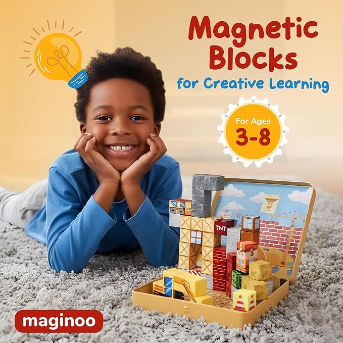49PCS Mini Magnetic Blocks Construction Theme Travel Set for Kids Ages 3-8, STEM Magnetic Building Cubes Toy with Iron Storage Box, Portable Educational Sensory Toy for Boys Girls