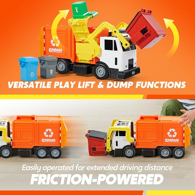 JOYIN Large Friction Powered Garbage Truck Toy Set, Includes Dumpster, Trash Bins, and Learning Cards for Kids, Orange