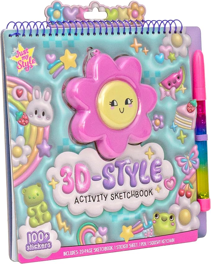 Just My Style 3D-Style Activity Book, 30 Pages of Coloring Activities, Includes Sticker, Glitter-Filled Pen, & Bonus Flower Keychain, Squishy 3D Cover, Drawing Pad for Kids, Sketchbook for Drawing