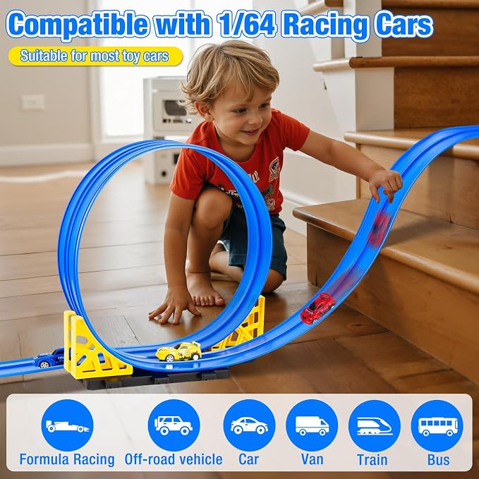Flex Tracks 16.4 Ft Flexible Race Track for Kids Portable DIY Roll-Up Race Car Track Compatible with Diecast 1/64th Cars Birthday Gifts Easter Basket Stuffers for Kids for Boys Girls Ages 3+