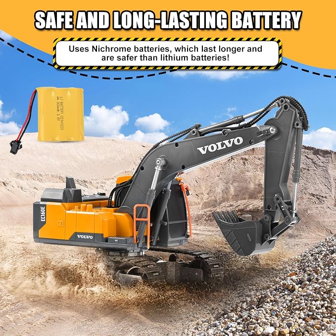 Double E Volvo Licensed Remote Control Excavator Toy, 2.4GHz All‑Terrain Sand-Ready Construction Vehicle with 360° Spin & 330° Cab Rotation, Rechargeable, Dig & Unload, STEM Birthday Gift for Kids 3+