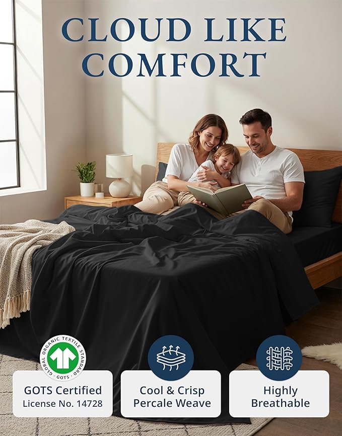 LANE LINEN Queen Sheet Set 100% Organic Cotton Cooling Soft 4pc - Black | Queen Sheets In Pure Long-Staple Organic Cotton - Honest-Price Organic Quality, Crisp, Cool & Breathable, For Hot Sleepers