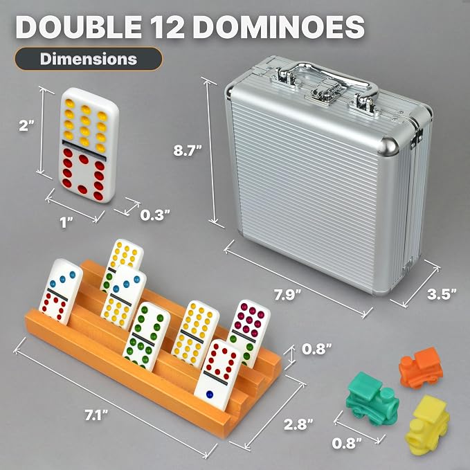Mexican Train Dominoes Set with 4 Holders - Dominoes Double 12 with Wooden Hub and Tiles Holders - Double 12 Dominos Set for Family Game Night for Adults and Kids Ages 8 and up (D12 + 4 Holders)