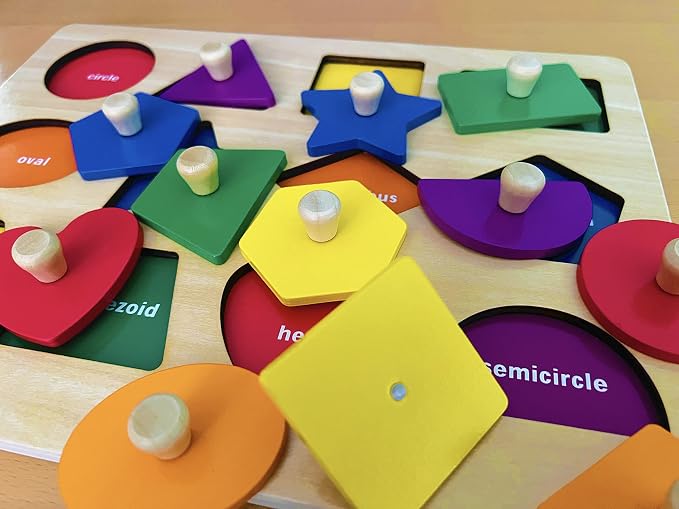 Dailyfunn Montessori Toy Shape Peg Puzzles Baby Puzzle 12-18-24 Months with Knob for Infant-Toddlers 1-3