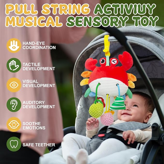 Car Seat Baby Toys 0-6 Months，Stroller Toy，Babies Infant Sensory Carseat Hanging Toy Gym with Squeaker, Crinkle, Rattle, Mirror & Teether| Soft Plush，Babies Gift 0-3-6-12 Months Boy Girl