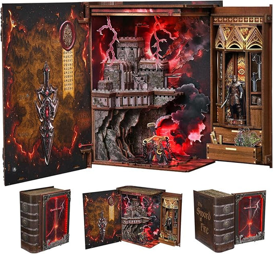 CCCDF Magic Book Nook Kit, DIY Miniature Dollhouse, 3D Wooden Puzzle Booknook Kit Bookend Bookshelf with LED Light for Adults Teens (Sword of Fire)