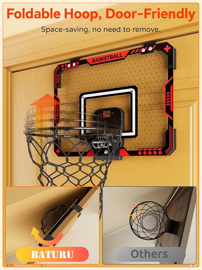 BATURU Over The Door Basketball Hoop for Kids – Indoor Basketball Toy with LED Scoreboard, Lights & Sound, Easy to Hang – Fun Gifts for Boys Ages 6–10