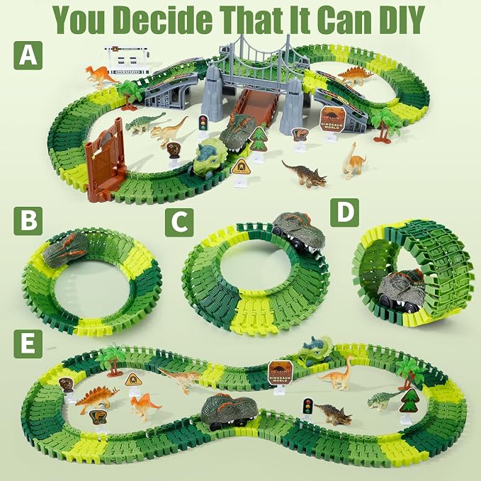 Dinosaur Toys, Dinosaur Race Track for Kids 3-5, Flexible Train Track Playset with Dinos & Cars, Toddler Toys for Ages 3 4 5 6 7 8 9 Year Old Boys Girls, Party Favor Birthday Gift