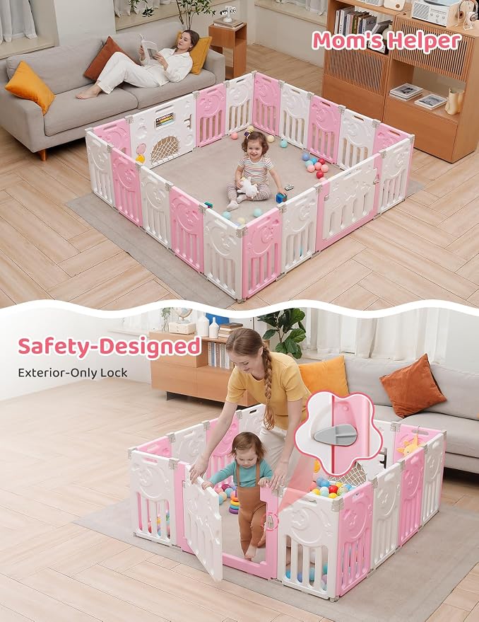 Dripex Baby Playpen, 18-Panel Foldable Playard for Toddlers 6-36 Months, Adjustable & Portable Indoor Outdoor Safety Play Area with Anti-Pinch Design, Game Panel and Safety Gate, Pink White