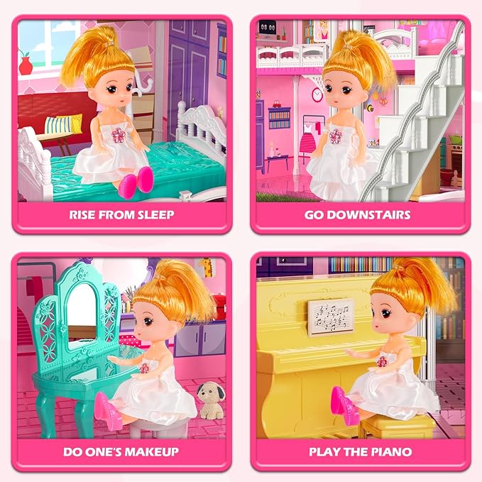 3-Level DIY Dollhouses for Girls with 7 Themed Rooms, 2 Dolls & 4 Dogs - Dolls House Toys with Slide, Furniture & Accessories for 4-8 Years Old