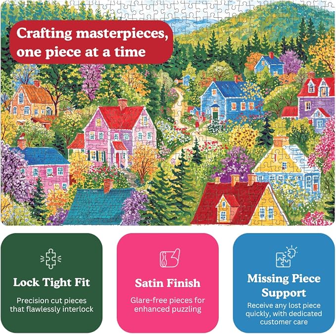 Cross & Glory - Sunshine at Wishing Well Lane - 1000 Piece Jigsaw Puzzle for Adults | Colourful New England Village Puzzle | Scenic Springtime Family Scene | Challenging and Relaxing