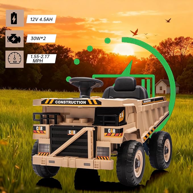 12V Ride On Dump Truck Kids Ride On Car for Kids, Battery Powered Electric Car with Remote Control, Electric Dump Bed, Wear-Resistant Tires, 4 Wheels Tractor Ride On Toys, Khaki
