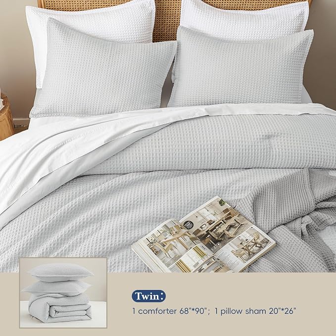 David's Home Waffle Weave Comforter Set 2PCS Twin Size, Soft Breathable Lightweight Cozy Skin-Friendly Warm for All Season, Elegant Aesthetic Home Decor Bedding Set with Pillow Shams, Light Grey