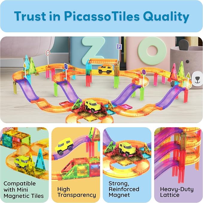 PicassoTiles 60pc Magnetic Tile Race Car Track Set STEM Construction Road Kit Building Blocks for Kids Toddlers Age 3 Plus Educational Travel Toy Sensory Preschool Learning for Boys and Girls PTMR60