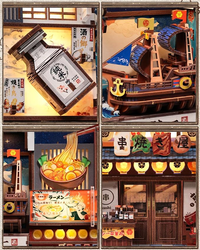 CUTEBEE Book Nook Kit - Japanese Foldable DIY Miniature Dollhouse, Warm LED Bookshelf Alley Decor Model, Building Kit Gifts for Adults Teens Family Friends (Tsutenkaku Ichiban Street)