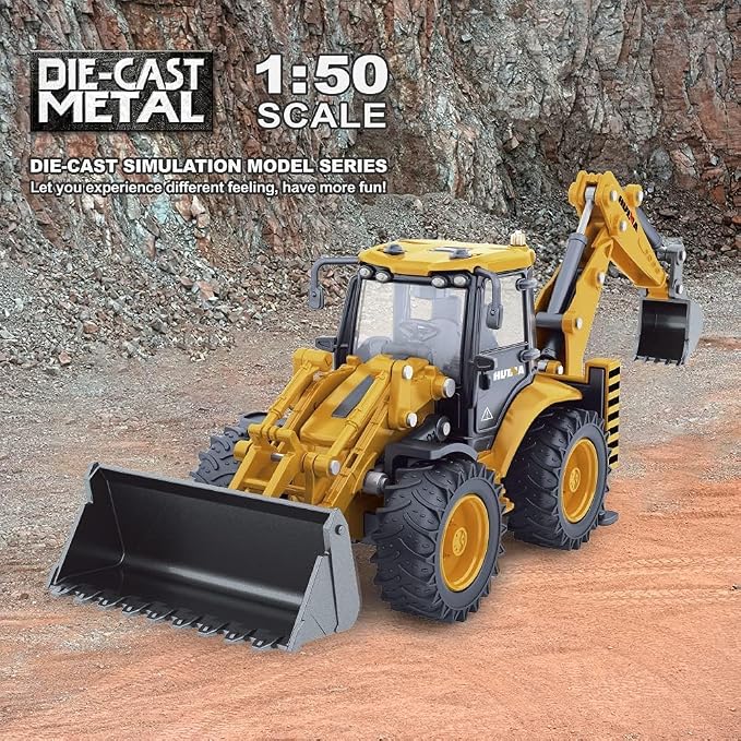 Dollox Die-cast Excavator Backhoe Front Loader Truck 1/50 Metal Engineering Vehicle Construction Tractor Model Collection Bulldozer Back Hoe Truck Decoration Toy Gift for Kids