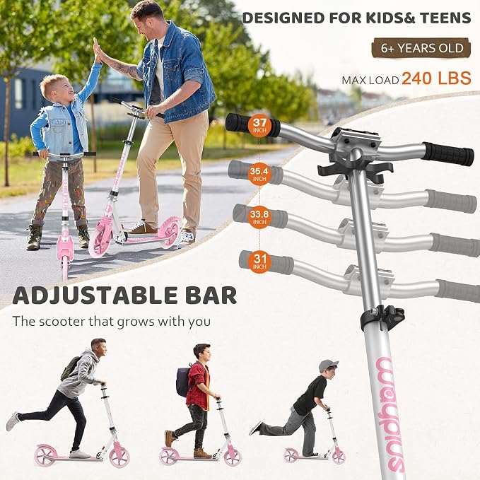 WAYPLUS KS1 Kick Scooter for Ages 6+,Kid, Teens & Adults. Max Load 240 LBS. Foldable, Lightweight, 8IN Big Wheels for Kids, Teen and Adults, 4 Adjustable Levels. Bearing ABEC9 FED Fitness