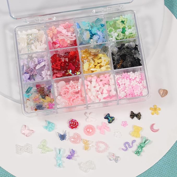 Artdone Nail Art Studs Glitter Kit, 2 Boxes Multicolor 3D Charms Flower Butterfly Snake Rabbit Diamond Cute Nail Jewels for DIY Decoration with Pickup Tools