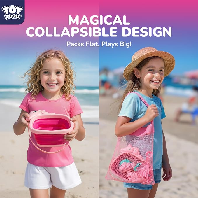 TOY Life Unicorn Beach Toys for Girls Ages 4-8, Collapsible Silicone Sand Toys Set with Bucket, Molds & Shovels, Travel Beach Toys, Sandbox & Snow Play, Unicorn Gifts for Kids
