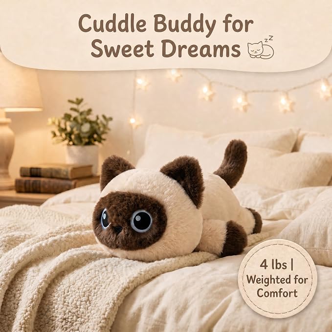 Weighted Cat Stuffed Animal, 12-Inch, 1.2 lbs Siamese Cat Plush, Cuddly Soft Plushie Pillow Gift for Kids & Adults