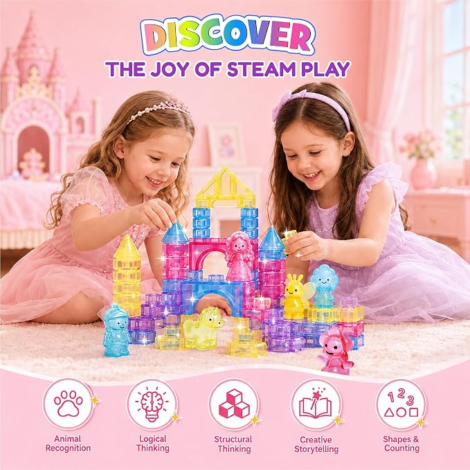 Gummy Bloc Princess Castle Building Blocks for Toddlers, 54 PCS Soft Sensory Squishy Blocks, Non-Toxic Montessori Stacking Toys for Fine Motor Skills, STEM Preschool Educational Gift for Girls