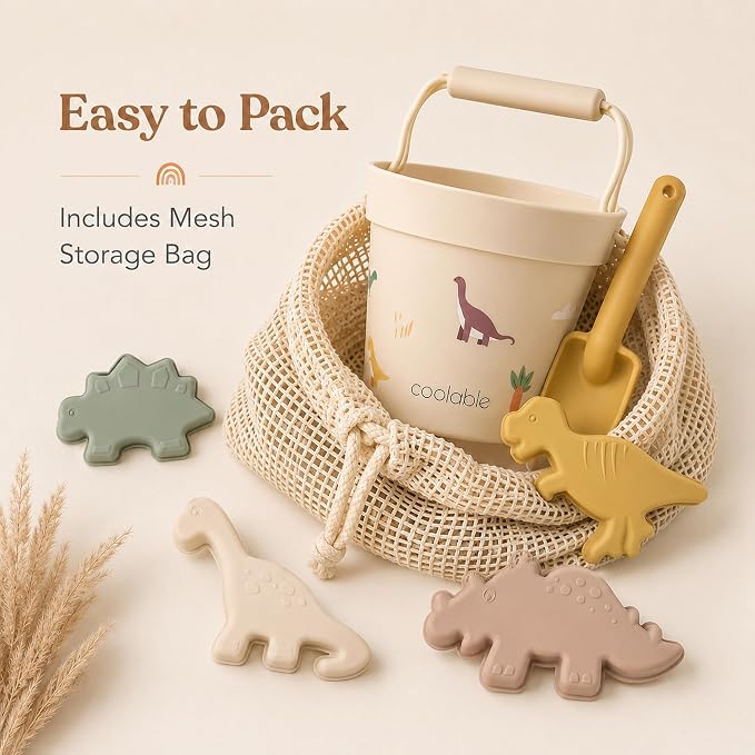 6-Piece Silicone Beach Toys Set for Kids - Foldable Sand Bucket, Shovel, 4 Sand Molds and Mesh Bag - Dinosaur World