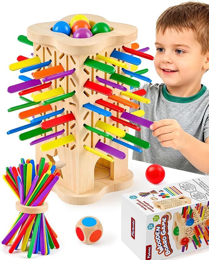 Montessori Wooden Board Games for Kids Ages 4-8, 42 Wooden Strips Game, Color Matching Board Games for Kids 4-6, Fine Motor Skills Toy Montessori Toys for 3 4 5 6 Year Olds, Gift Boys Girls Family