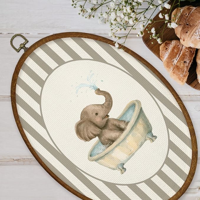 WULQYING Funny Elephant Kids Bathroom Wall Art Decor, Kids Oval Framed Canvas Art Prints, Whimsical Neutral Striped Elephant in Bathtub Wall Hanging Decor for Kids Bathroom Washroom, 8.5x11.4 Inches
