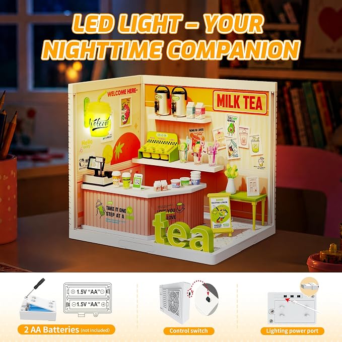 MINDNOOK DIY Miniature House Kit, LED Light-Up Dollhouse, Mini Dollhouse Building Set with Furniture, Craft Hobby Gift for Adults, Teens & Kids Ages 6+ (Milk Tea)