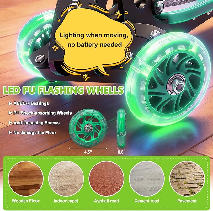 3 Wheel Scooters for Kids 2-5 5-7 Years, 4 Adjustable Heights Foldable Metal Toddler Scooter for Boys Girls Up to 120 lbs, Lean-to-Steer, Dual Rear Brake Widen Anti-Slip Deck