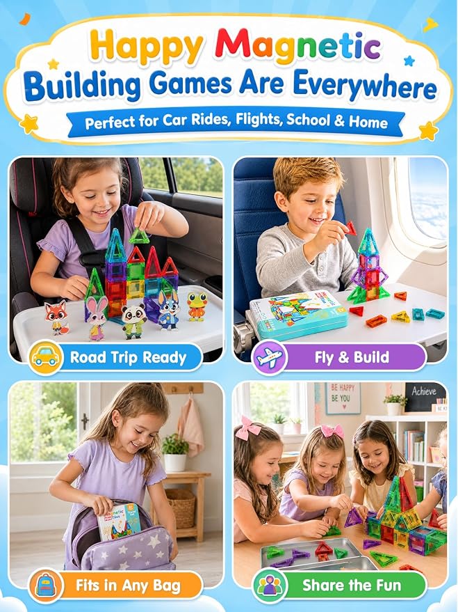 45PCS Mini Magnetic Tiles for Kids Ages 3-8, Travel Magnetic Building Blocks Set with 5 Cartoon Animal Figures, STEM Toys for Boys Girls, Portable Tin Case, Rabbit Panda Frog Fox Wolf