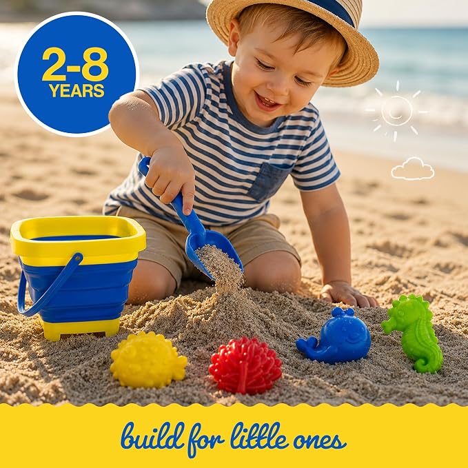 Beach Toys for Kids, 12-Piece Foldable Sand Toy Set, Silicone Beach Bucket, Sand Toys for Toddlers Ages 2-8, Beach Bucket and Shovel Set, Outdoor Beach and Sandbox Toys (Blue Set)