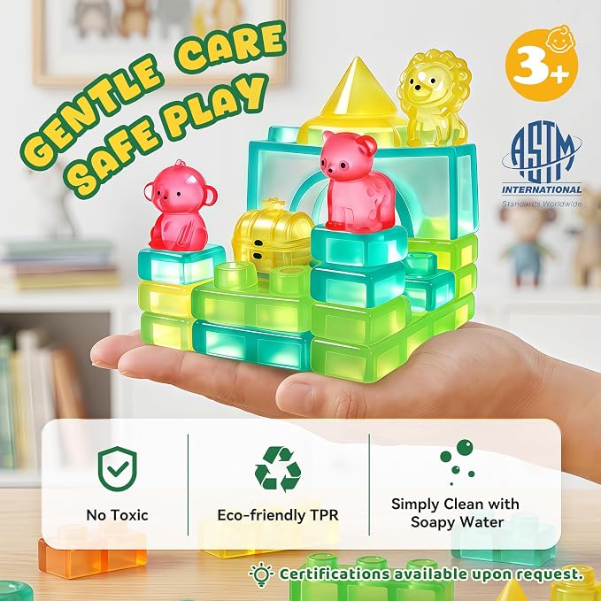 Gummy Bloc Safari Adventure Sensory Soft Building Blocks for Toddlers, 52 PCS Montessori Squishy Stacking Toy Set, Jungle Animal Theme Squeeze Blocks , Non-Toxic STEM Preschool Gift for Boys Girls