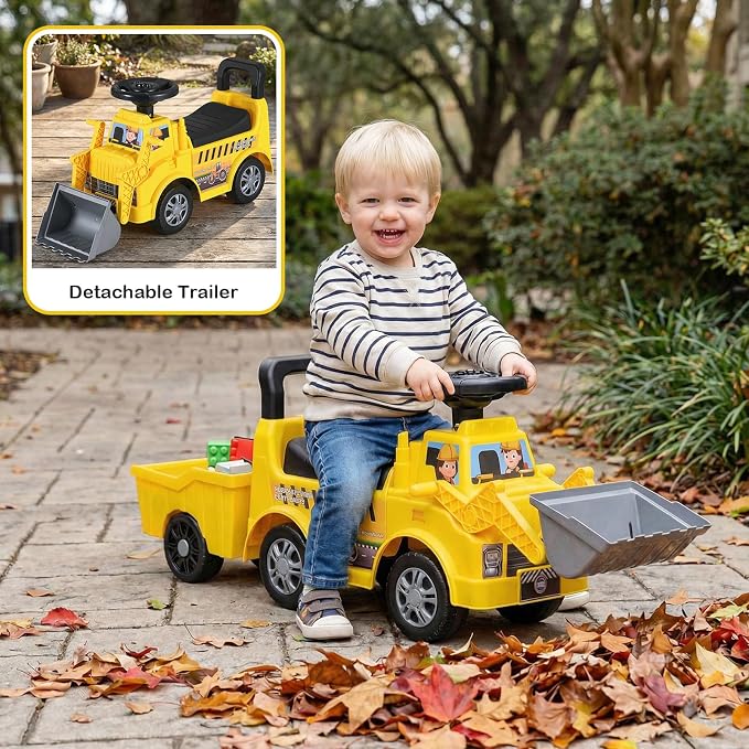 Costzon Ride on Excavator, Kids Tractor Digger Bulldozer Push Car w/Shovel, Detachable Trailer, Under-Seat Storage, DIY Stickers, Sit and Scoot Ride on Toy, Construction Car for Toddler 18+ Months