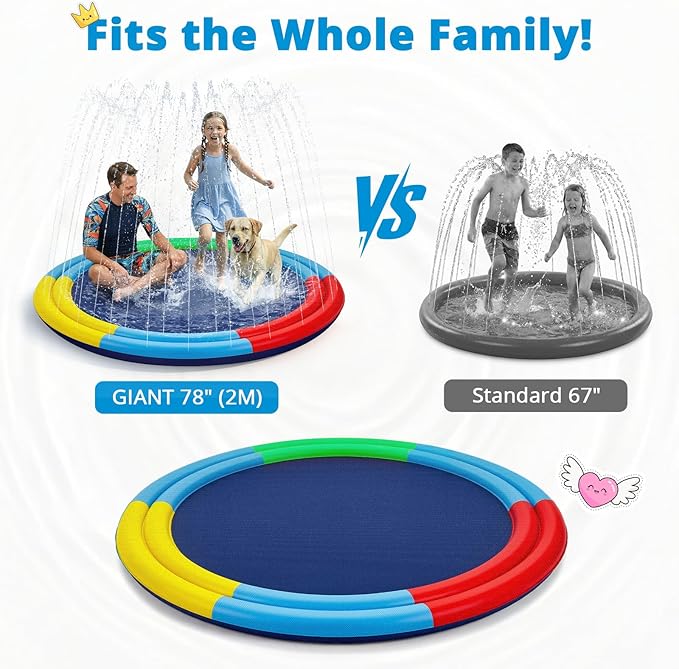 78" Extra Large Non-Slip Splash Pad for Kids & Dogs, Thicker Sprinkler Mat, Backyard Outdoor Water Toys, Durable Summer Fountain Play Pool Gifts for Toddlers, Children & Pets