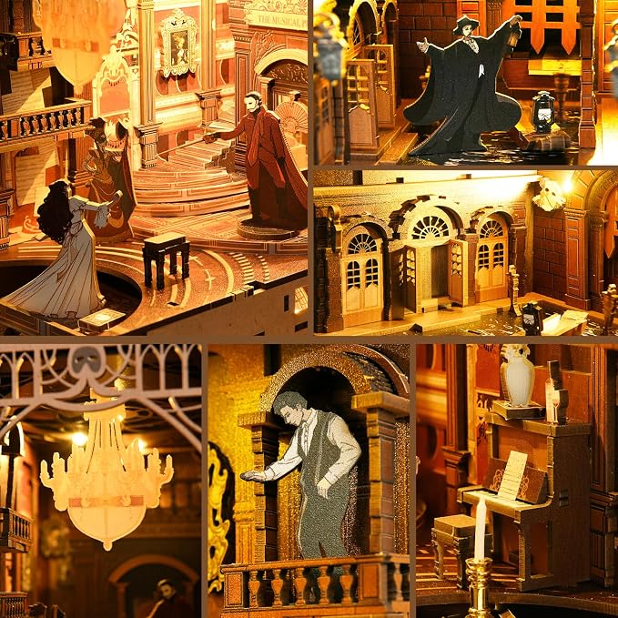 MiniCity DIY Book Nook Kit for Adults, 3D Wooden Puzzle Bookend Bookshelf Insert Decor with LED Light and Dust Cover (Phantom of The Opera)