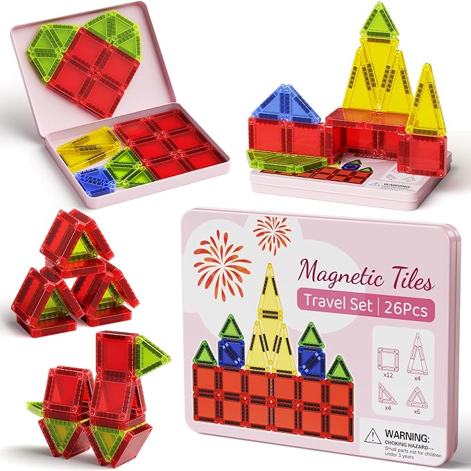 26PCS Mini Magnetic Tiles Travel Set Iron Box Storage Baseplate, Portable Magnetic Building Blocks STEM Toy for Kids 3+