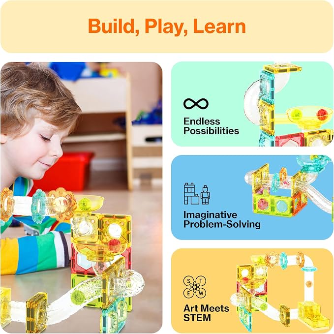 PicassoTiles 100pc Magnetic Marble Run Travel Size Tile Blocks Construction Kids Toy Set On The Go Mini Magnet Tiles Marbles Playset for Race Track Building Block STEM Learning Kit Boy Girl 3+ PTMG100