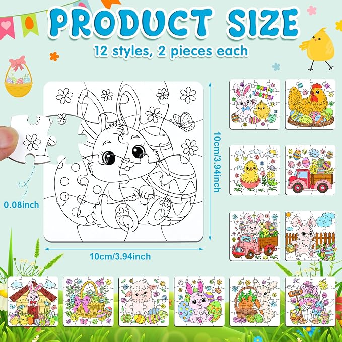 Realspring 24 Pack Color Your Own Jigsaw Puzzles for Kids Coloring Puzzles DIY Paper Jigsaw Bulk Party Favors Gifts Exchange Classroom Activities Home Educational Game Toy (Bunny)