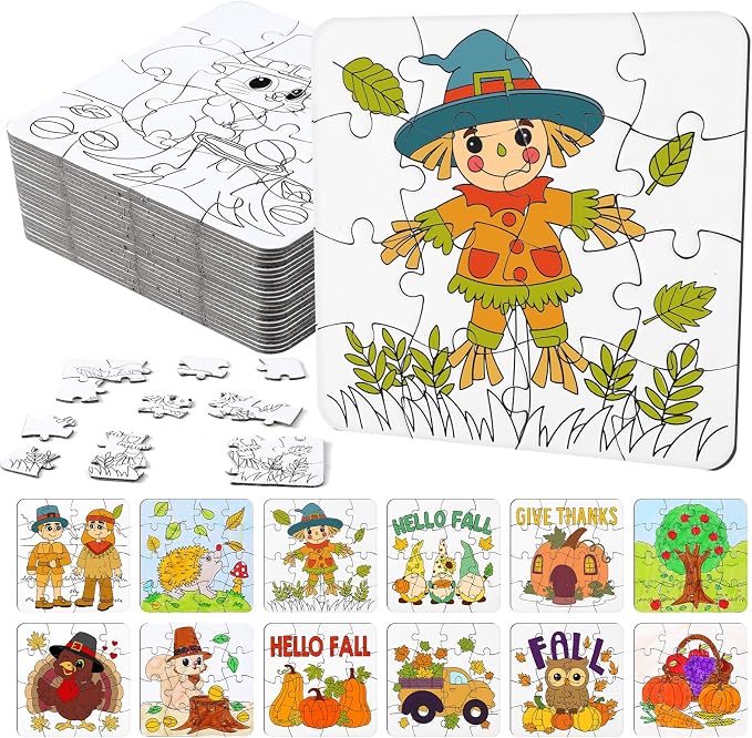 Realspring 24 Pack Fall Color Your Own Jigsaw Puzzles for Kids Ages 3-5, 4-6, 6-8, Coloring Thanksgiving Crafts DIY Paper Puzzles Party Favors Gifts for Toddler Children Learning & Education Toys
