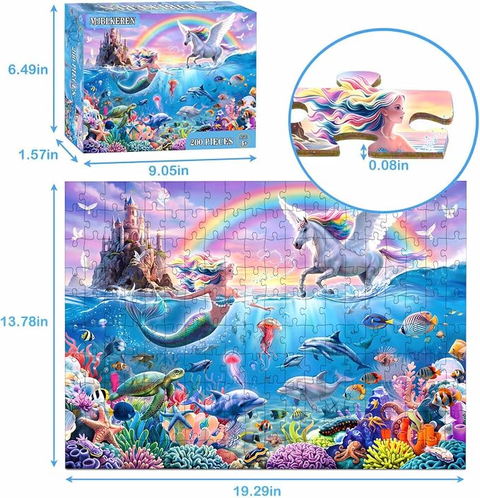 Puzzles for Kids Ages 6-8 8-10 Year Old - Mermaid Unicorn Puzzle for,200 Piece Jigsaw Puzzle for Learning Educational Puzzles Toys for Boys and Girls