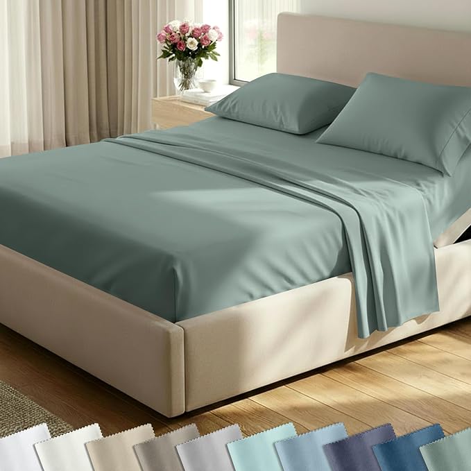 California Design Den Soft 100% Cotton Bed Sheets Split King Set, 400 TC Good Housekeeping Award Winner, Silky Sateen Weave with Deep Pockets, Long Staple Cotton Split King Bed Sheet Set - Sage Green