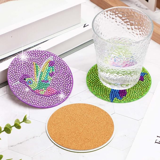 UPINS DIY Kit, Diamond Art Painting Coasters with Holder, 8 Pcs Hummingbird Butterfly Coaster Craft Supplies for Adults Kids Beginners