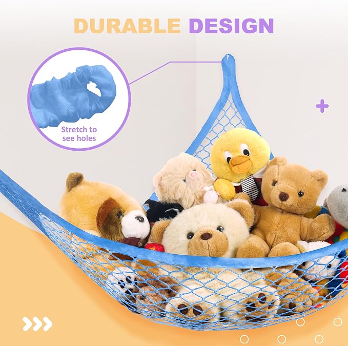 Lazebox Stuffed Animal Net Hammock for Plushie Toys, Stuffed Animal Hammock Corner for Kids' Room Decor, Ideas for Organizing Stuffy Collection, Blue, L (67" x 40" x 40")-Pack of 1