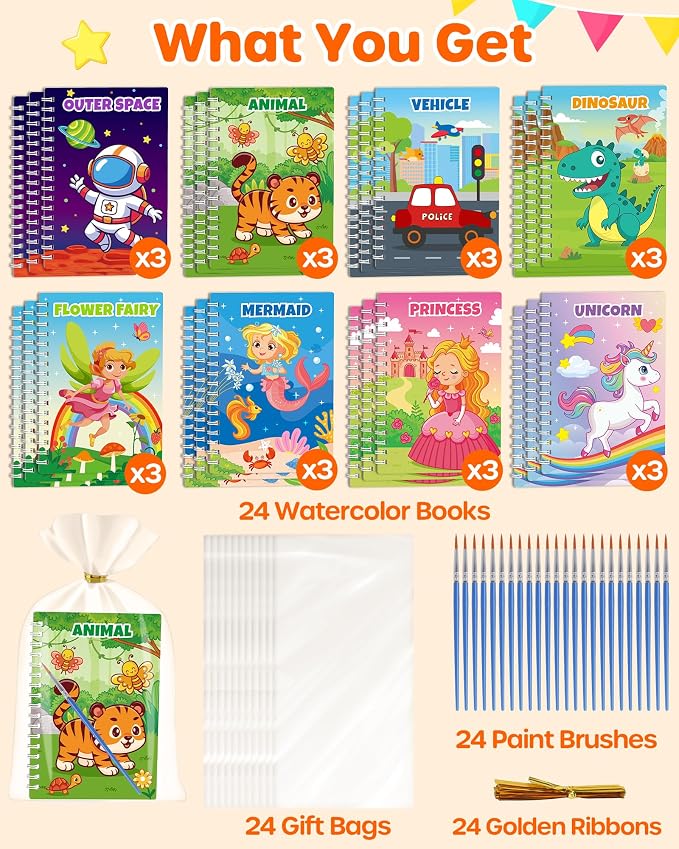 D-FantiX 24 Pack Paint with Water Coloring Books for Kids Ages 4-8-12, Birthday Party Favors Bulk Gifts Goodie Bag Stuffers, Arts and Crafts Classroom Prizes Rewards, Children Easter Basket Stuffers