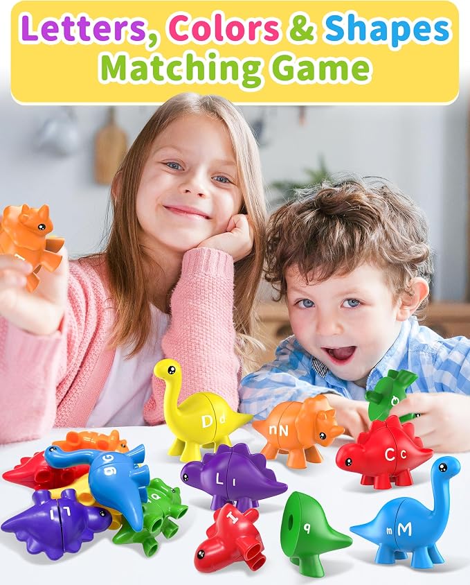 Walenty 26PCS Dinosaur Alphabet Learning Toys for Toddlers Kids 3-5, Montessori Educational Toys Gifts for 3 4 5 Year Old Boy Girl, Preschool Toddler Travel Activities, Double Sided ABC Matching Game