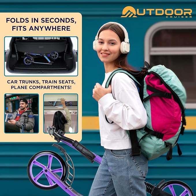 Outdoor Cruiser Kick Scooter for Ages 6+, for Kids, Teens, and Adults, Max Load 250 LBS, Foldable, 8-inch Big Wheels, Dual Suspension, 3 Adjustable Levels, Child Safety Approved, Purple