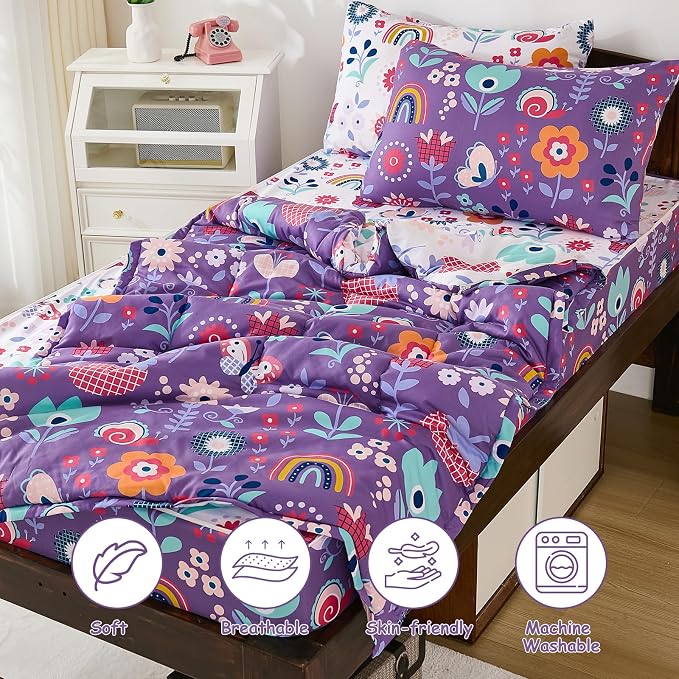DJY Zipper Bedding Set Full, Purple Floral Bedding Sets for Girls, Kids Comforter Set with Fitted Sheet Pillowcases, All in One Zipper Bed Set for All Seasons